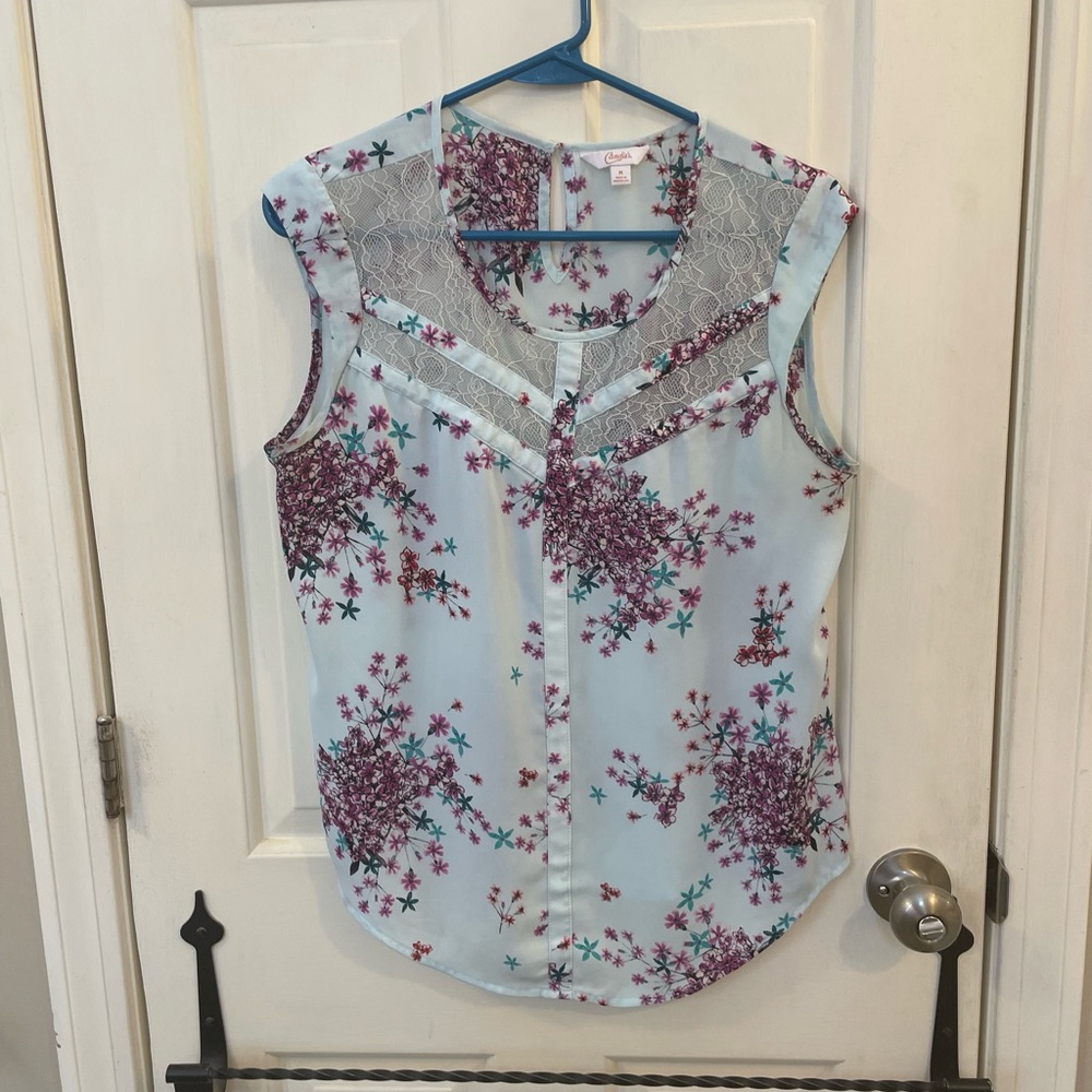 Medium light blue Candies tank top with pink and purple flowers